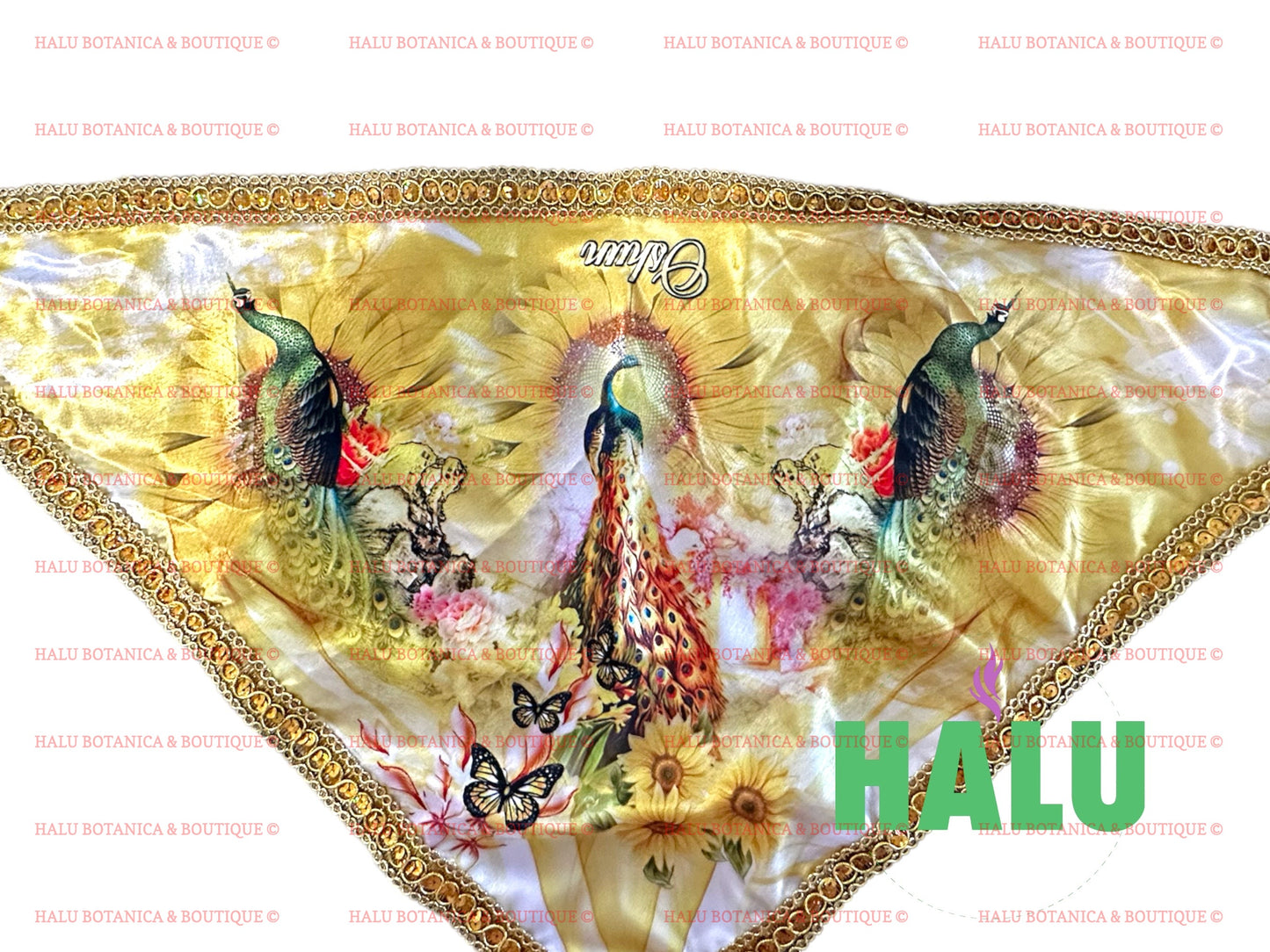 Quilla De Oshun Pavo Real en Satin/ Ochun Satin Peacock Bandana/ Santeria