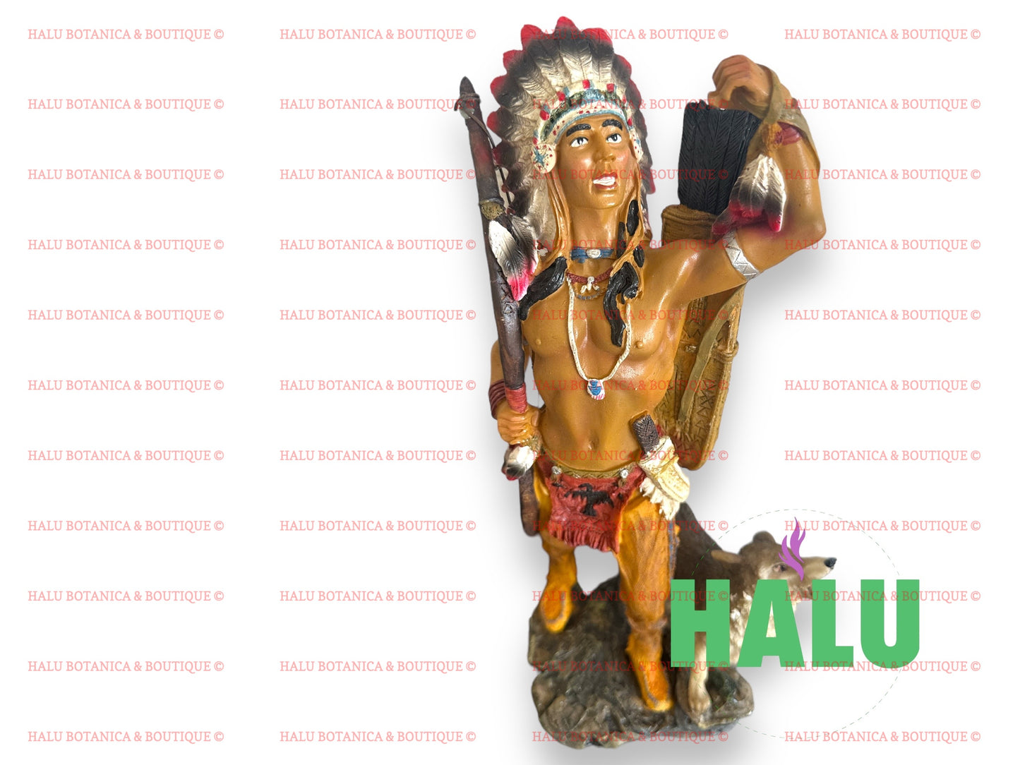 13” Indian Statue with Wolf/ Indio Estatua