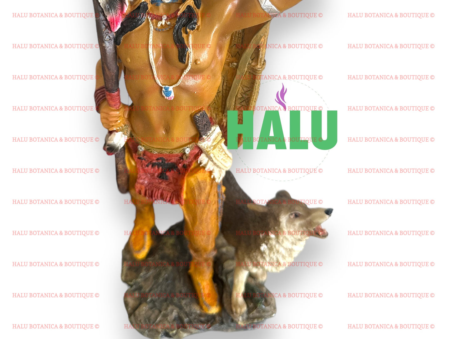 13” Indian Statue with Wolf/ Indio Estatua