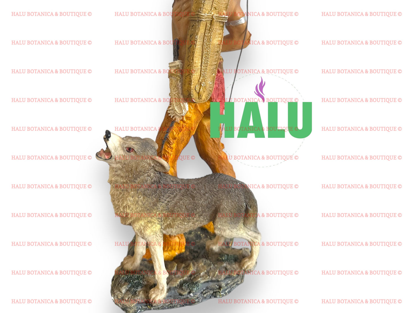 13” Indian Statue with Wolf/ Indio Estatua